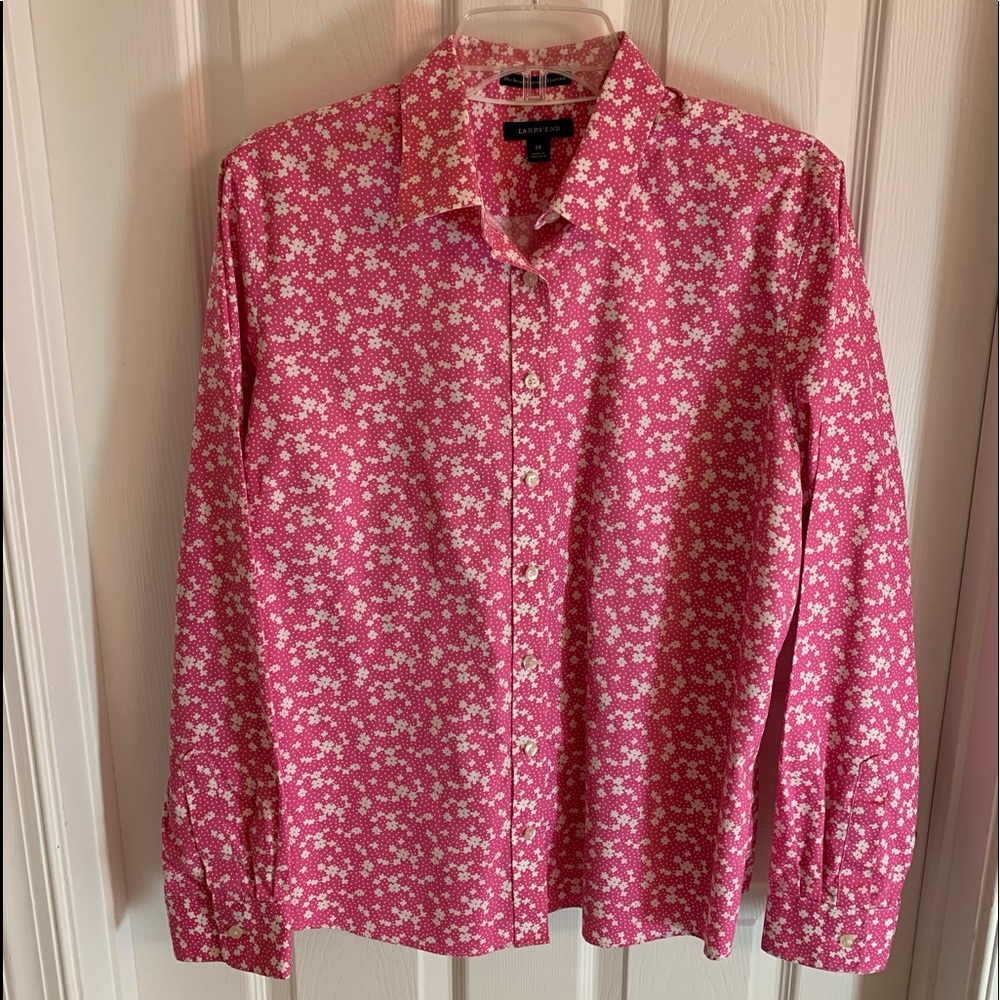 Lands' End Pink Floral Button-Up Blouse